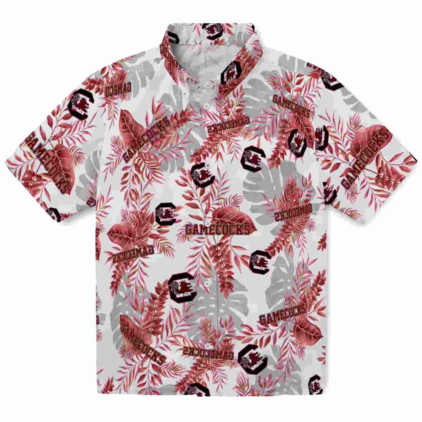 South Carolina Gamecocks Tropical Leaves Garnet White Hawaiian Shirt