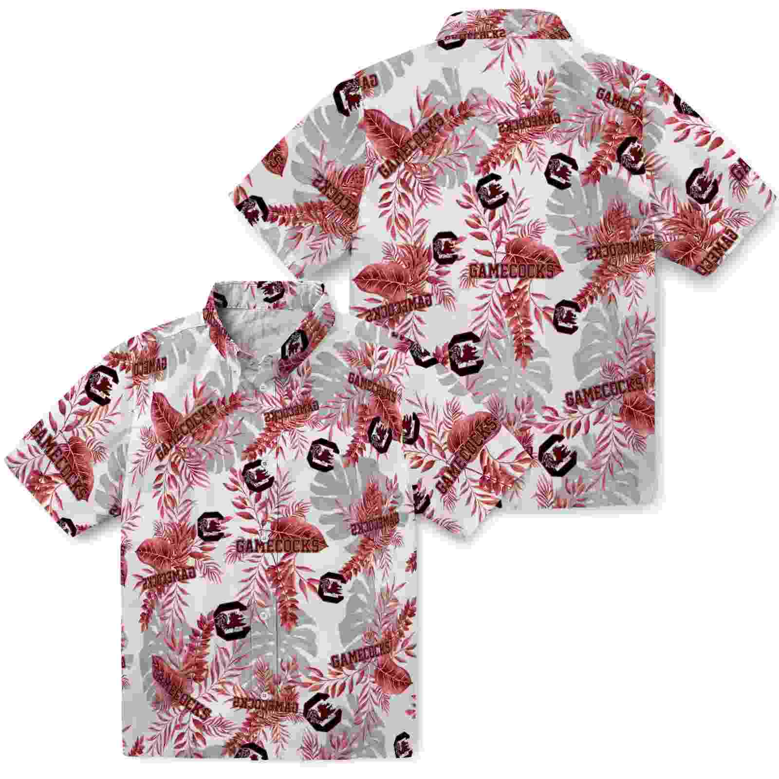 south carolina gamecocks tropical leaves garnet white hawaiian shirt high quality