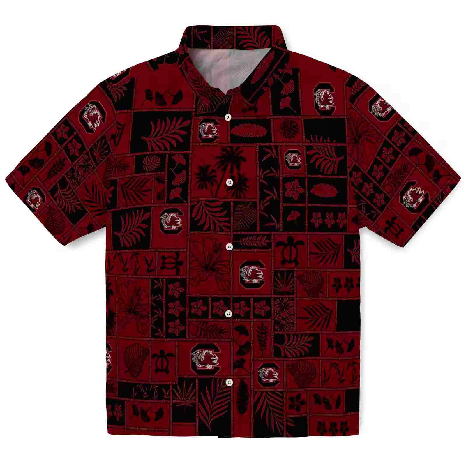 South Carolina Gamecocks Tropical Patchwork Garnet Black Hawaiian Shirt