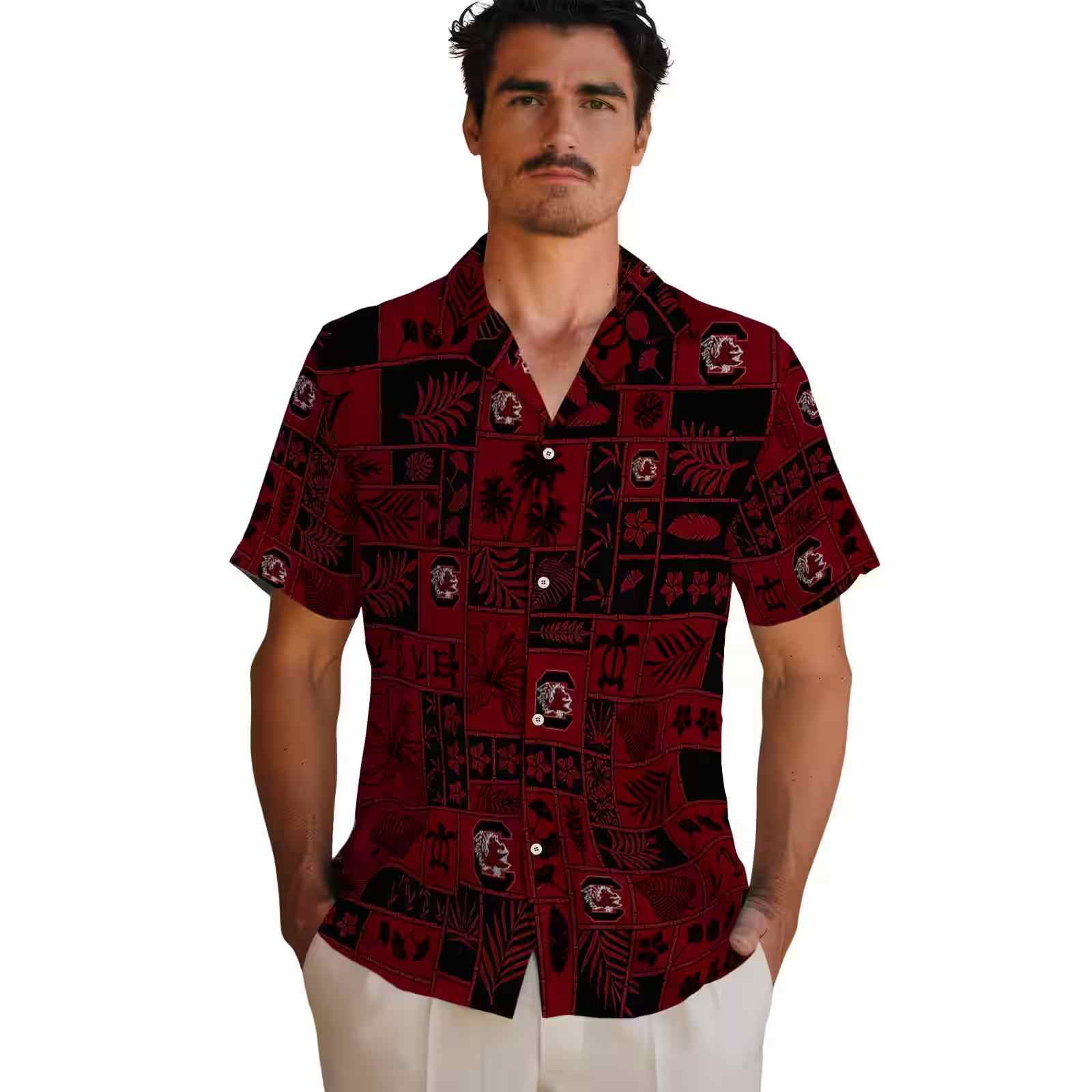 south carolina gamecocks tropical patchwork garnet black hawaiian shirt fashion forward