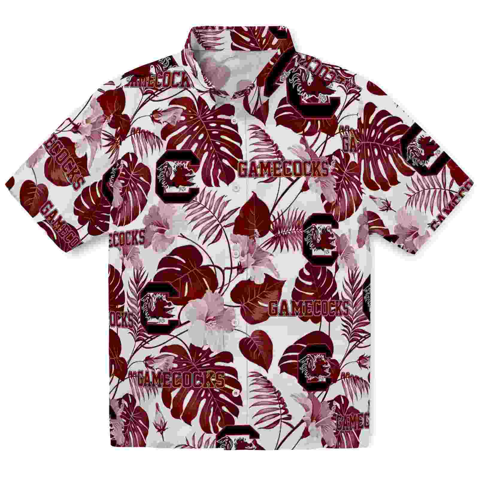 South Carolina Gamecocks Tropical Plants Garnet White Hawaiian Shirt