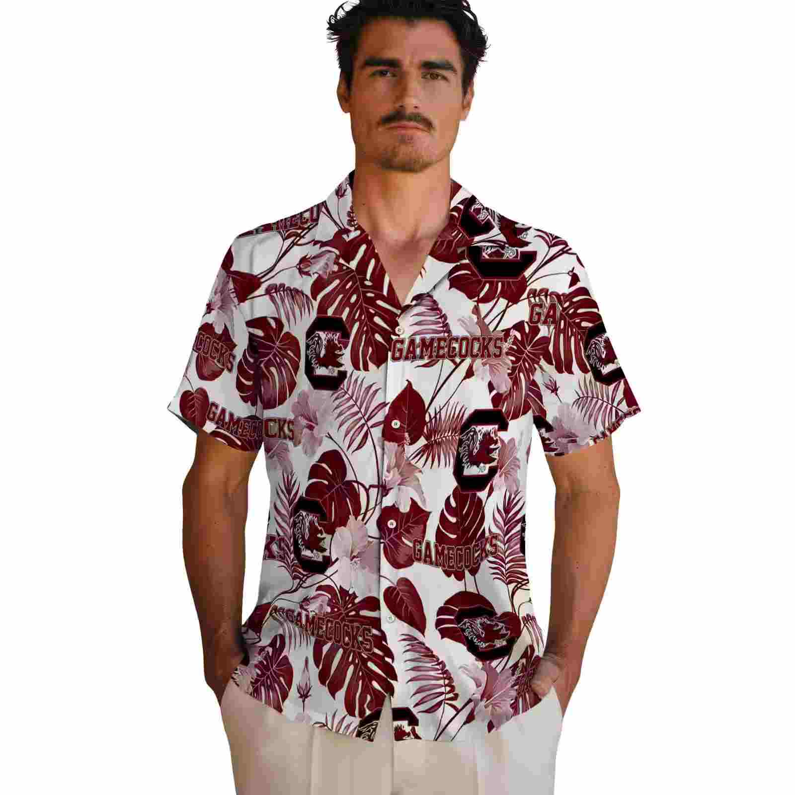 south carolina gamecocks tropical plants garnet white hawaiian shirt fashion forward