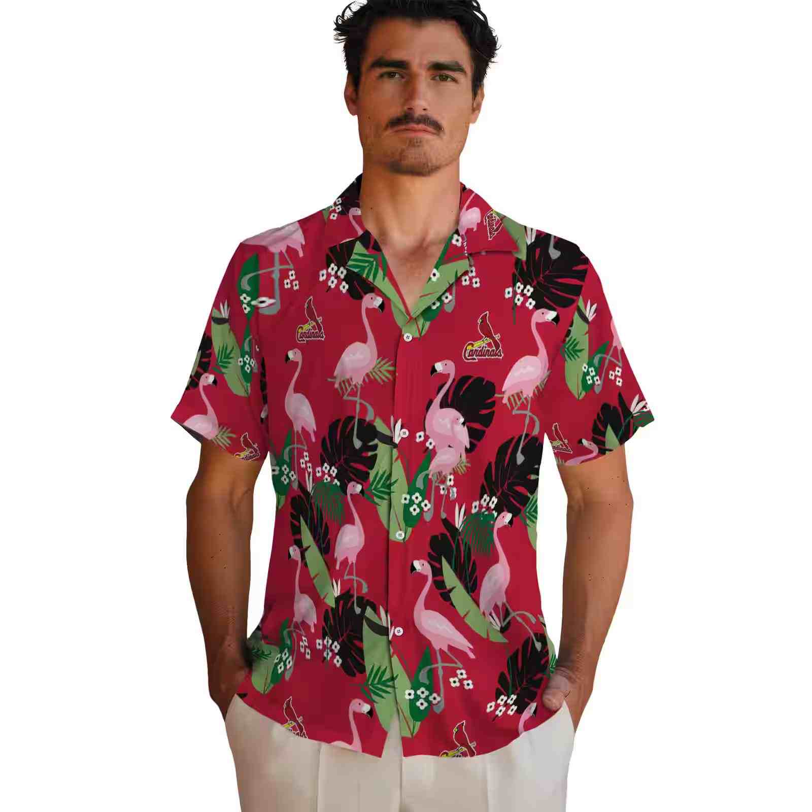 st louis cardinals flamingo leaf motif red hawaiian shirt fashion forward