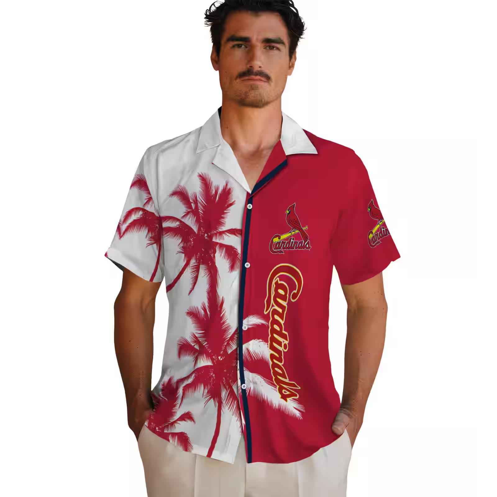 st louis cardinals palm trees red white hawaiian shirt fashion forward