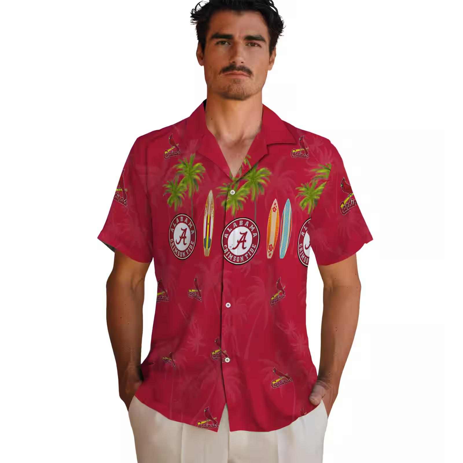 st louis cardinals surfboard palm red hawaiian shirt fashion forward