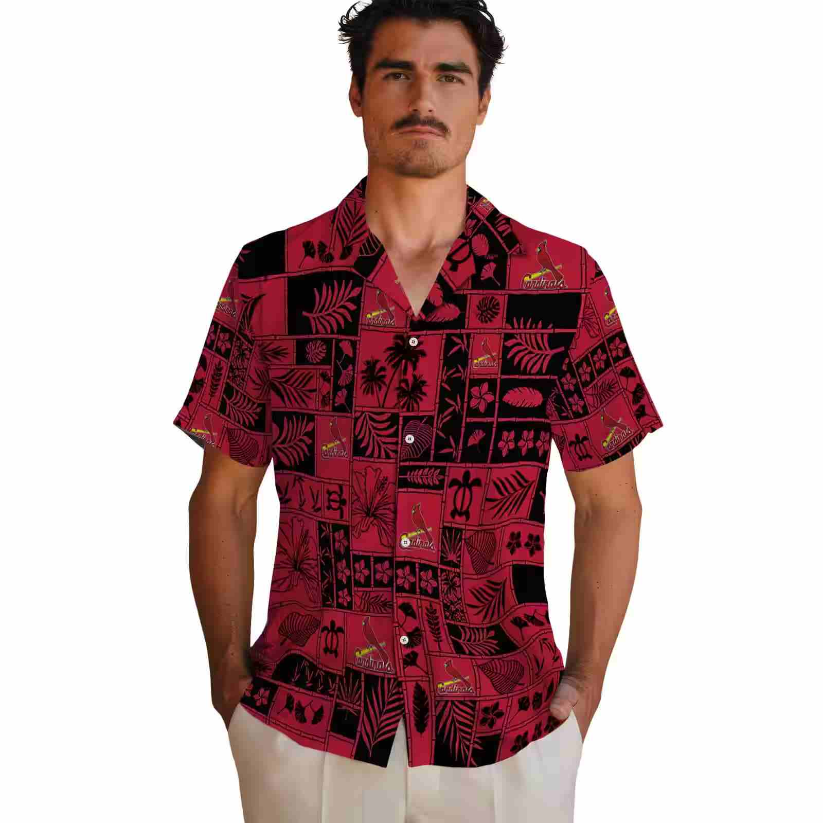 st louis cardinals tropical patchwork red black hawaiian shirt fashion forward