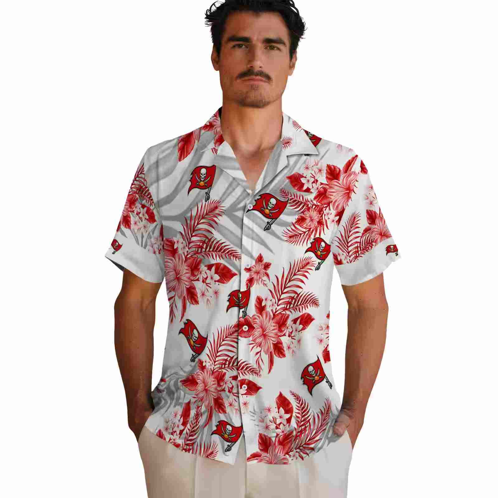 tampa bay buccaneers hibiscus palm leaves red white hawaiian shirt fashion forward