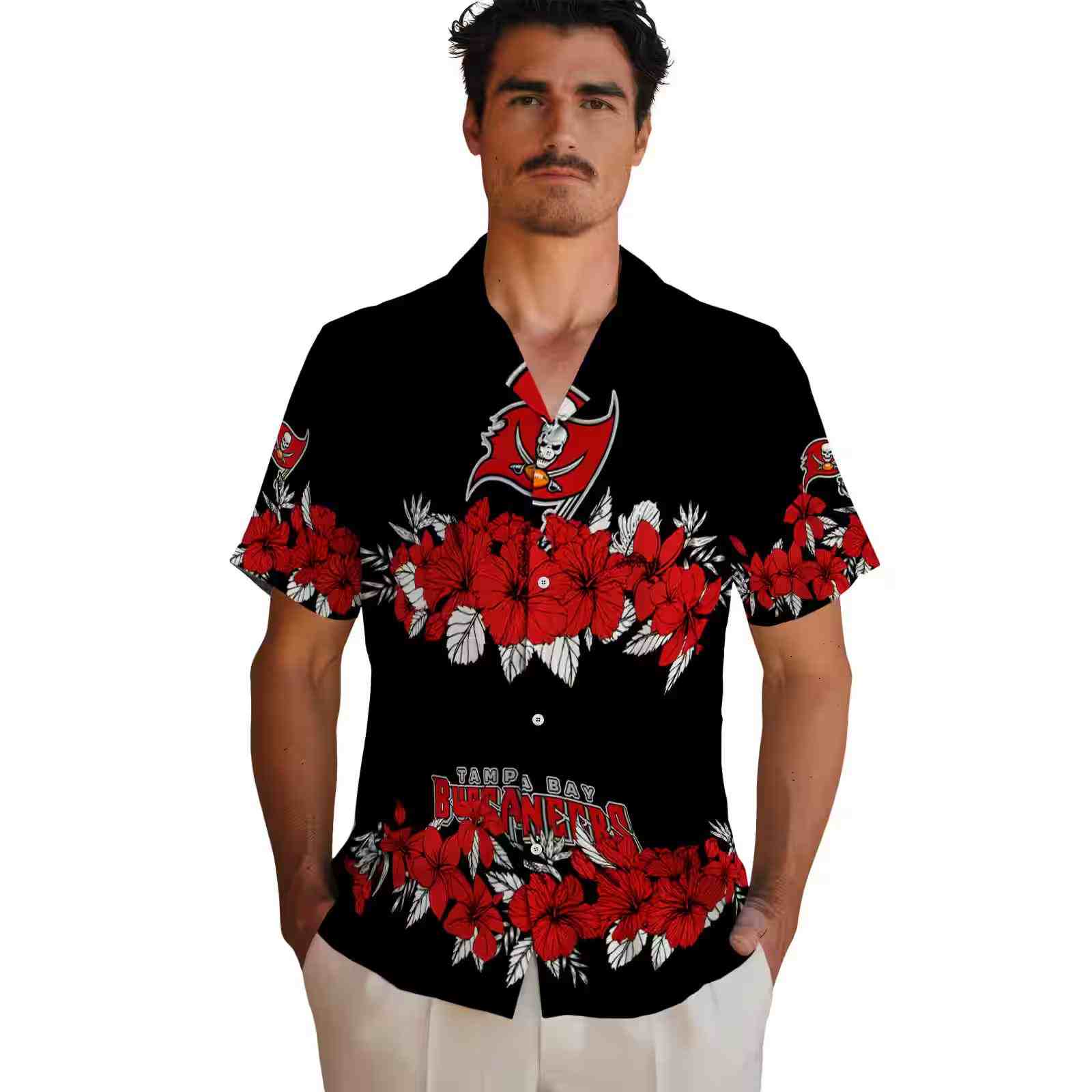 tampa bay buccaneers hibiscus stripe red black hawaiian shirt fashion forward