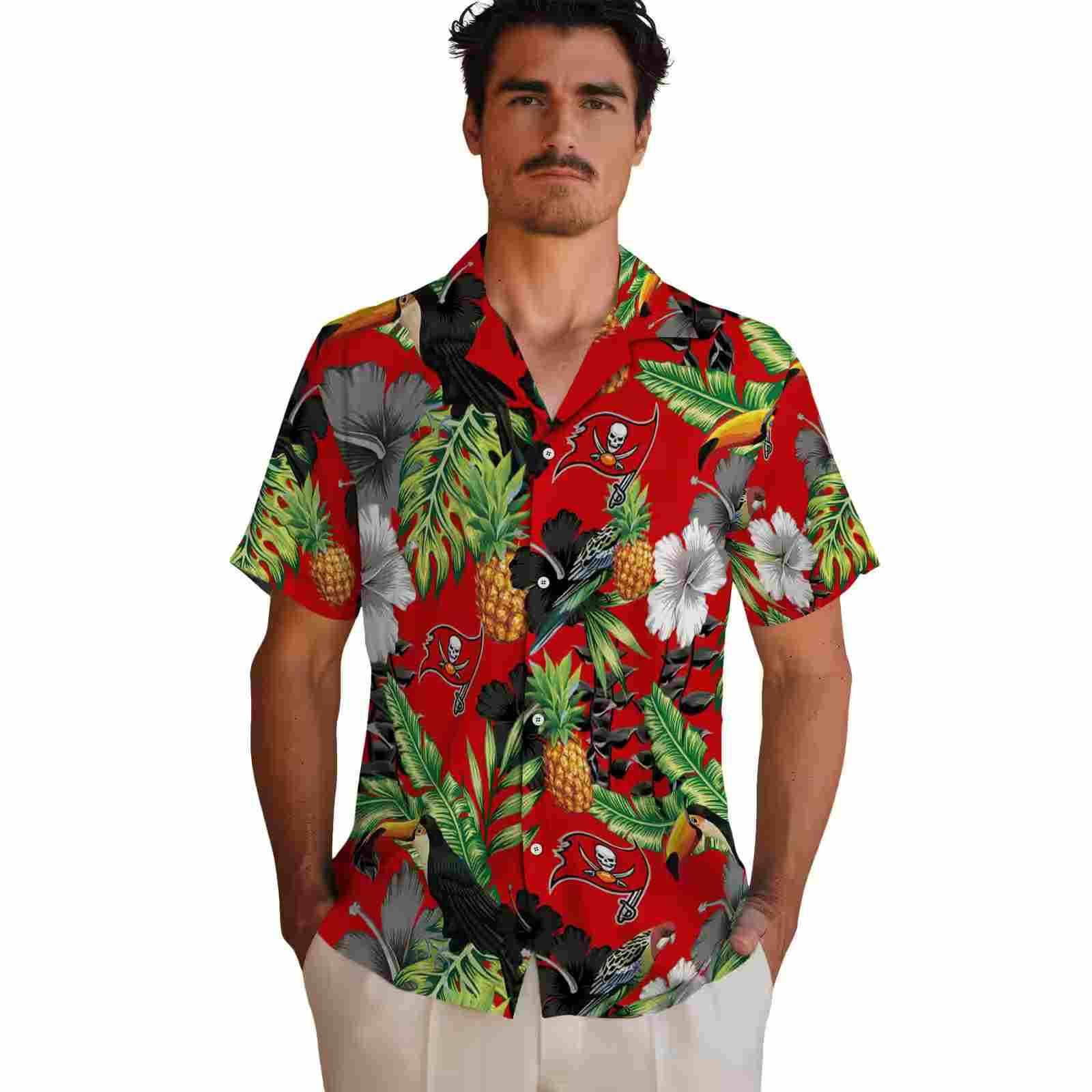 tampa bay buccaneers toucan hibiscus pineapple red green hawaiian shirt fashion forward