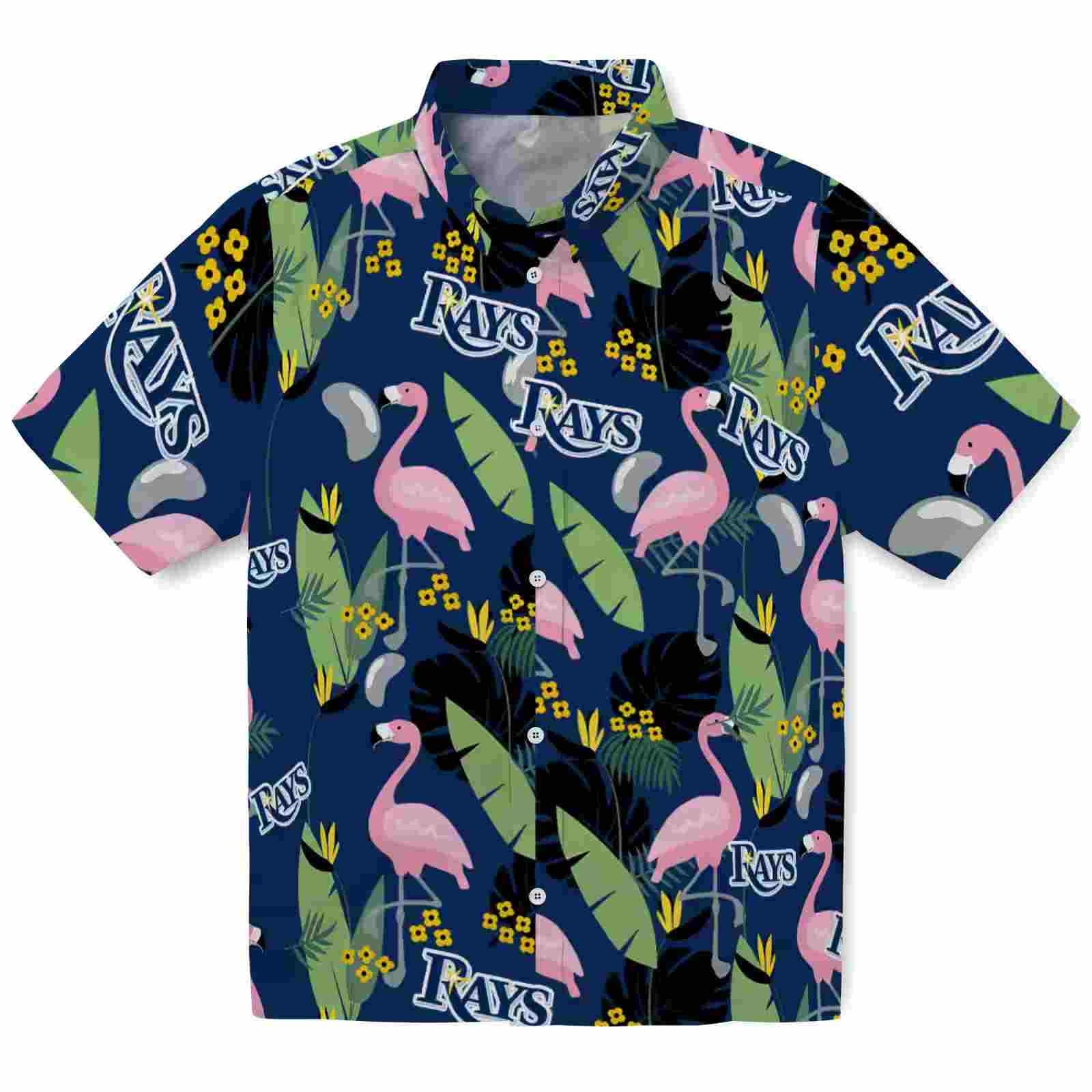 Tampa Bay Rays Flamingo Leaves Navy Hawaiian Shirt