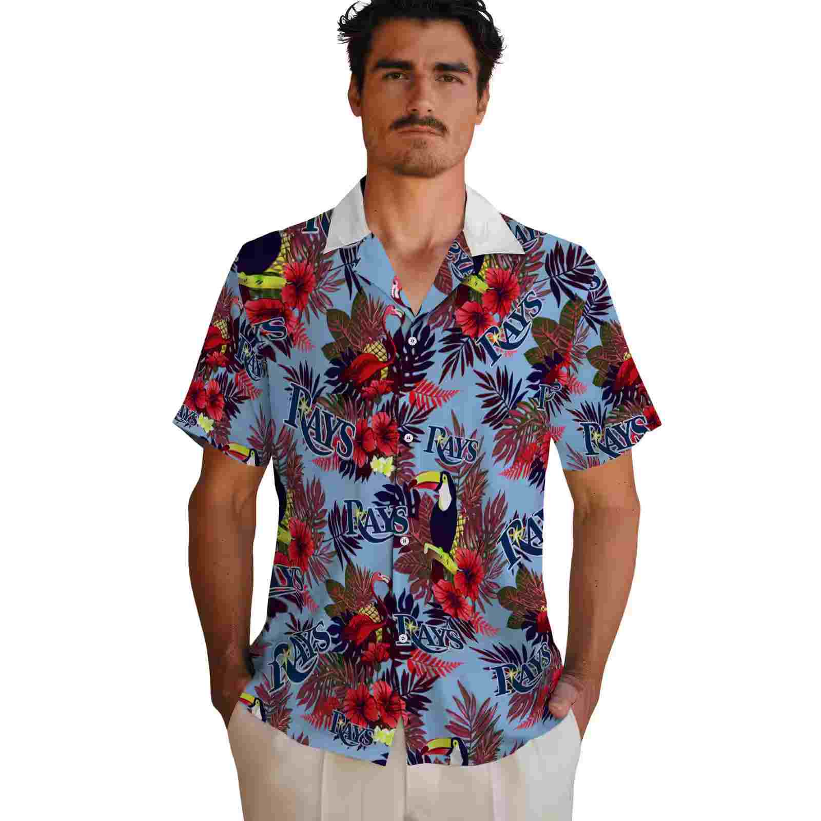 tampa bay rays floral toucan navy red hawaiian shirt fashion forward