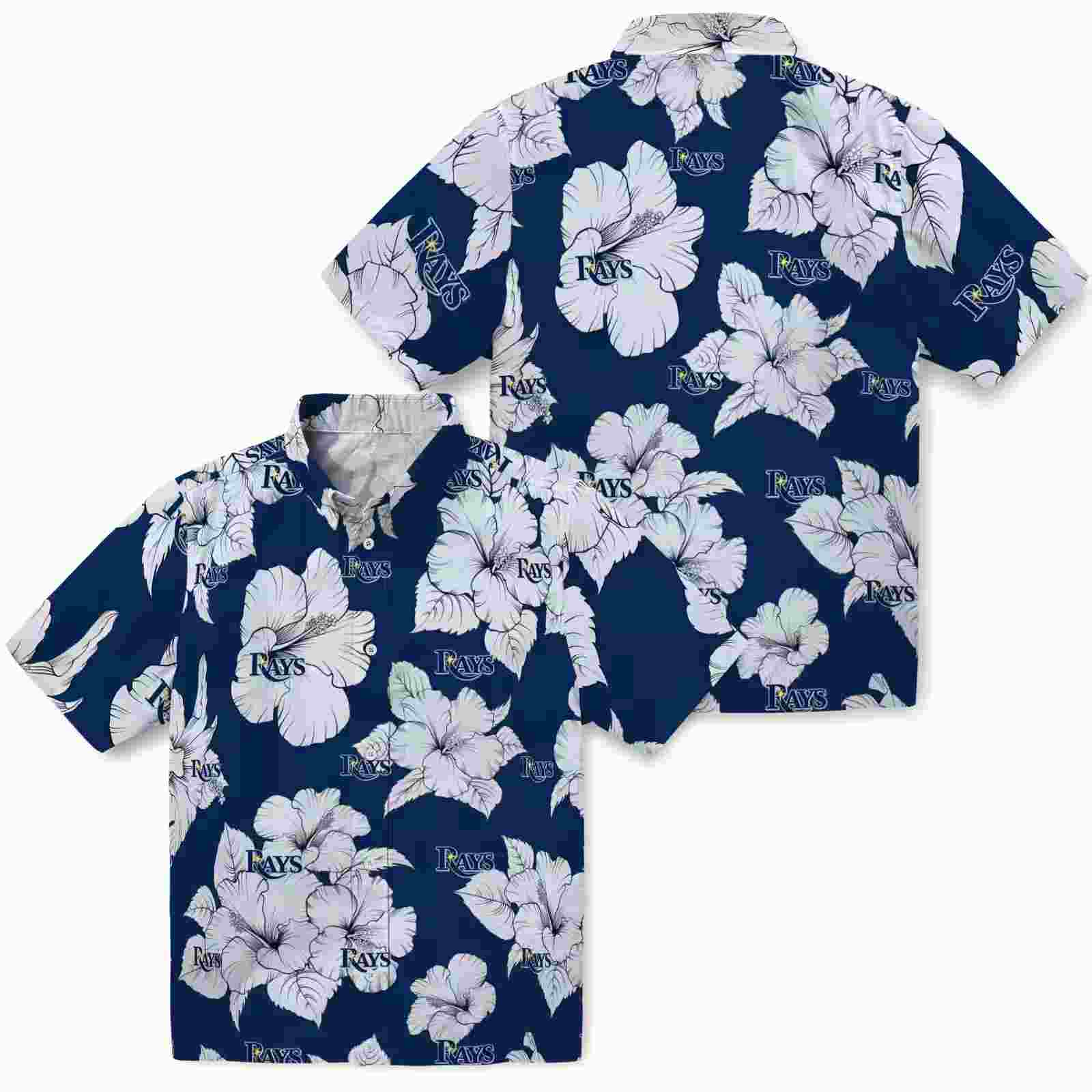 tampa bay rays hibiscus blooms navy white hawaiian shirt high quality