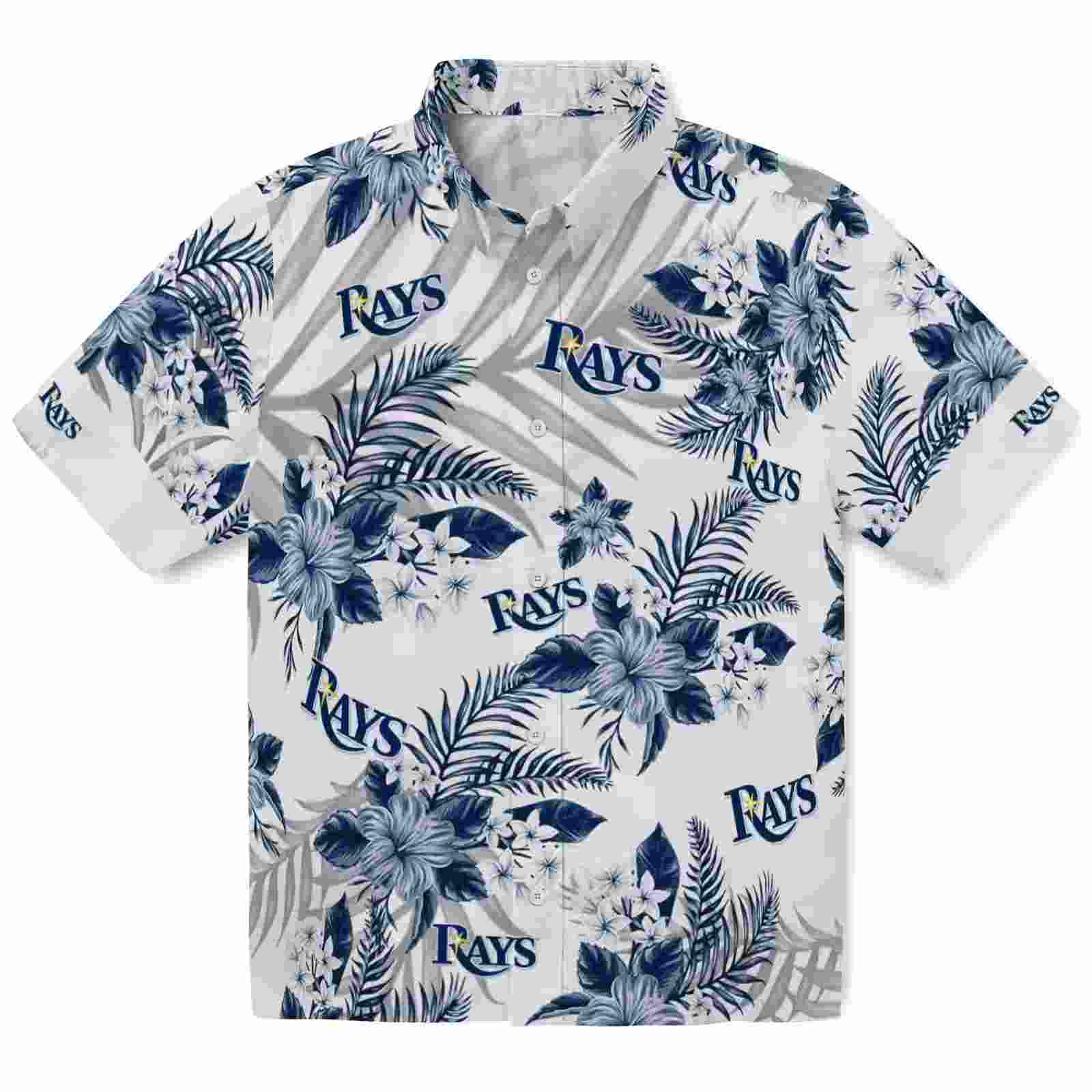 Tampa Bay Rays Hibiscus Palm Leaves Navy White Hawaiian Shirt