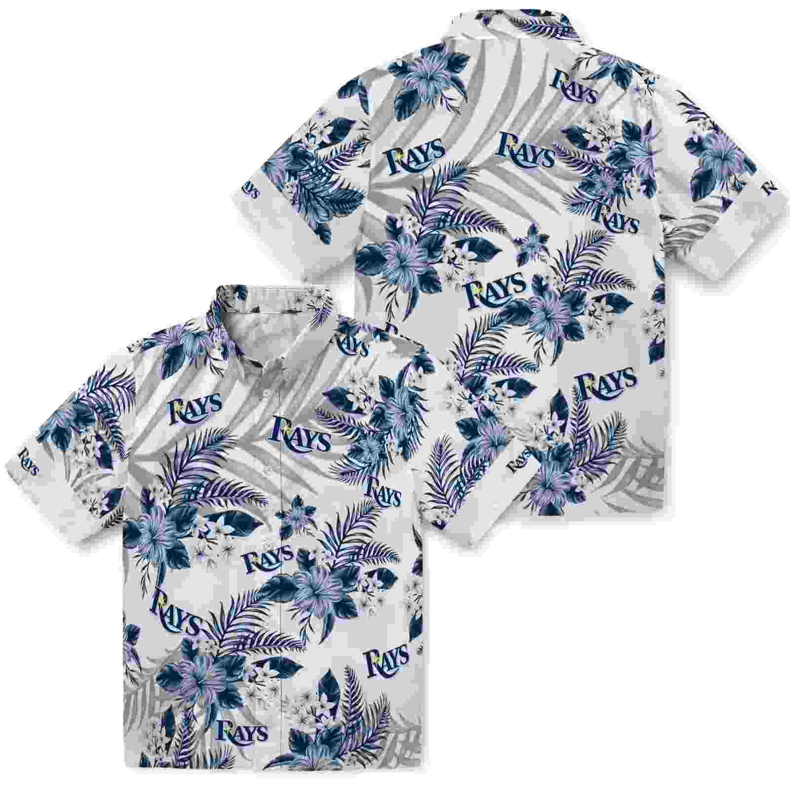 tampa bay rays hibiscus palm leaves navy white hawaiian shirt high quality