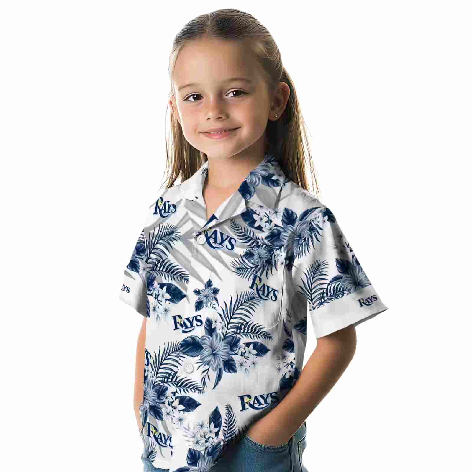 tampa bay rays hibiscus palm leaves navy white hawaiian shirt premium grade