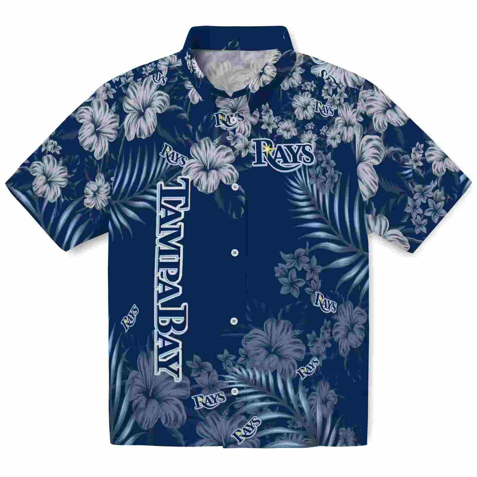 Tampa Bay Rays Hibiscus Print Navy Hawaiian Shirt