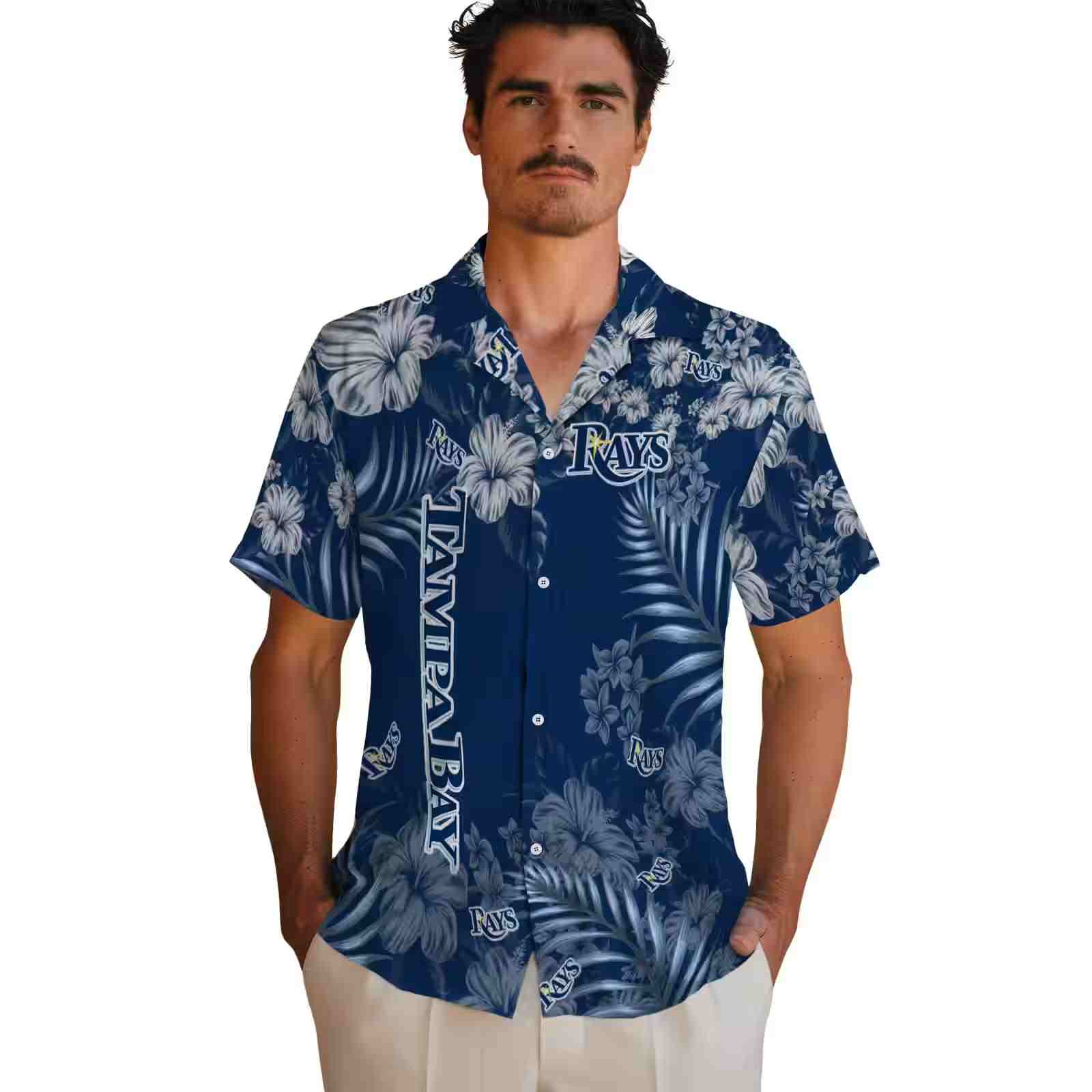 tampa bay rays hibiscus print navy hawaiian shirt fashion forward