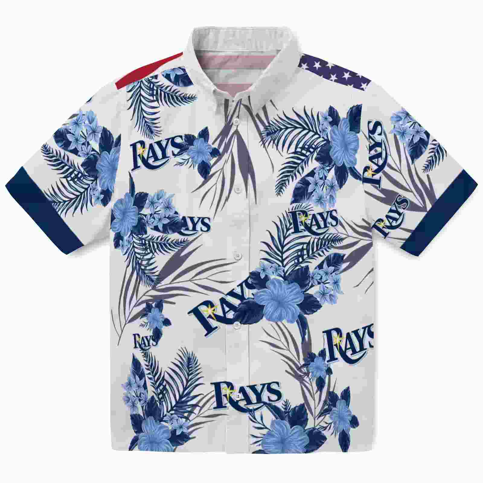 Tampa Bay Rays Patriotic Hibiscus Design Navy White Hawaiian Shirt