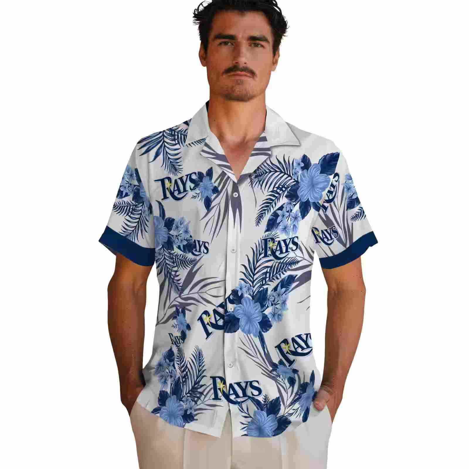 tampa bay rays patriotic hibiscus design navy white hawaiian shirt fashion forward