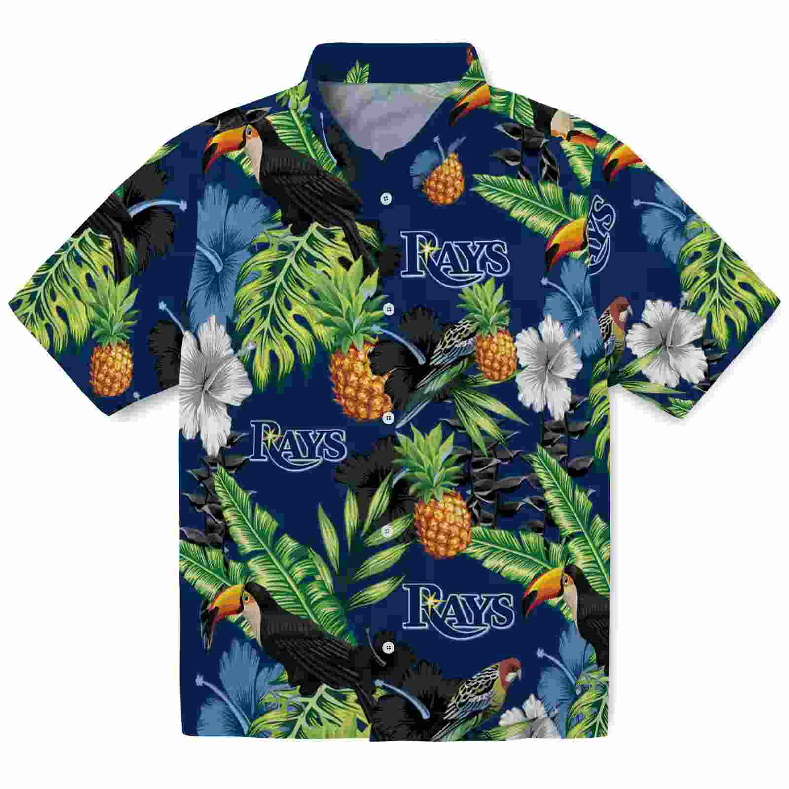 Tampa Bay Rays Toucan Hibiscus Pineapple Navy Green Hawaiian Shirt