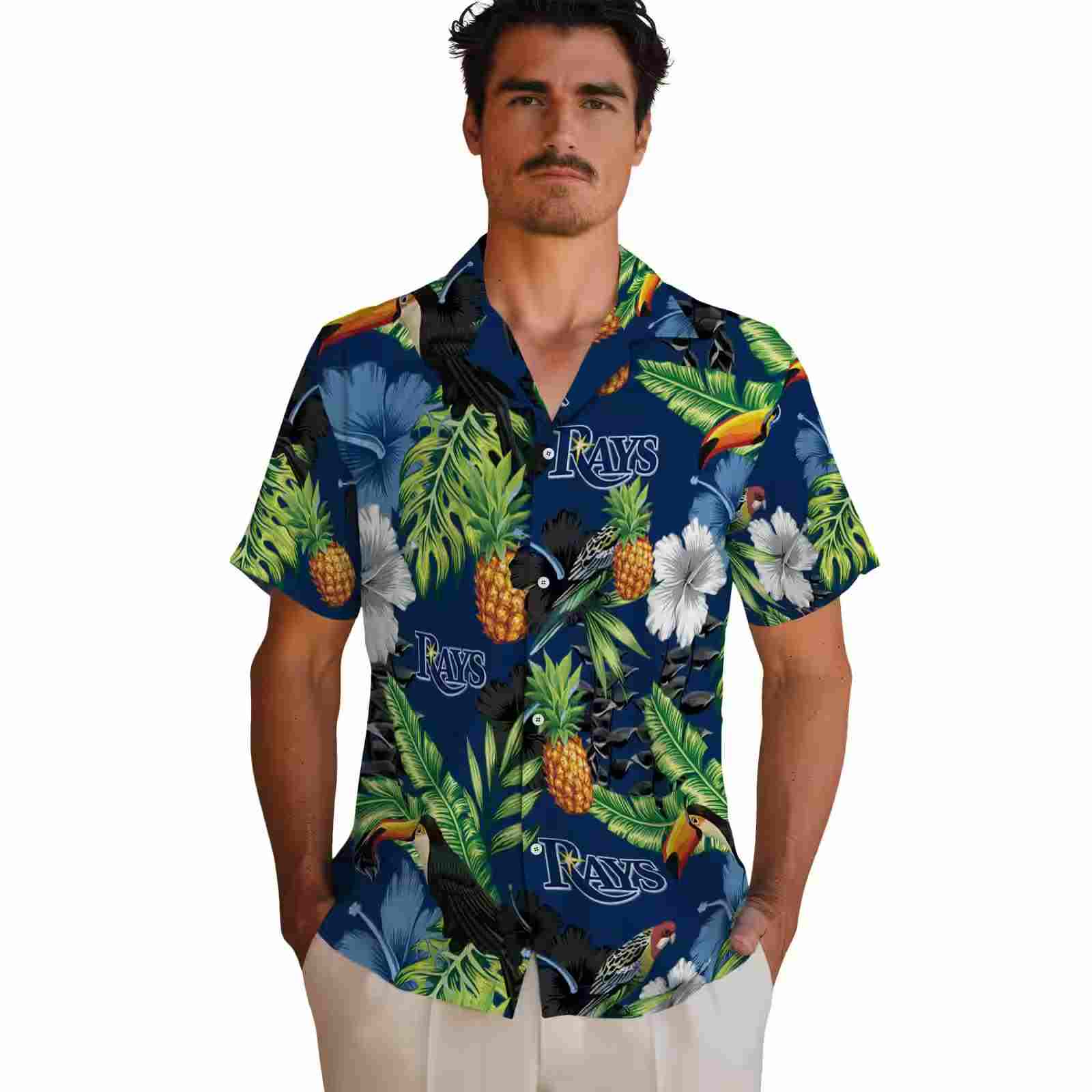 tampa bay rays toucan hibiscus pineapple navy green hawaiian shirt fashion forward