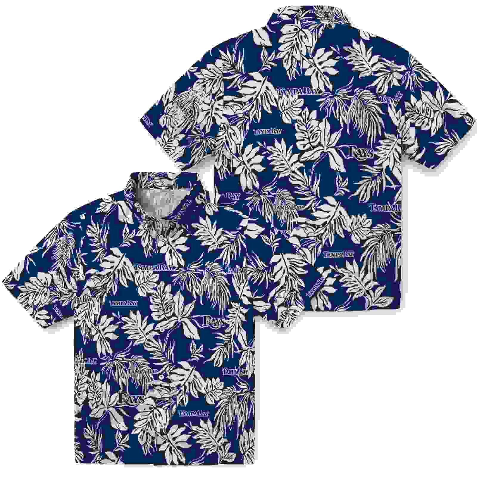 tampa bay rays tropical leaf navy white hawaiian shirt high quality