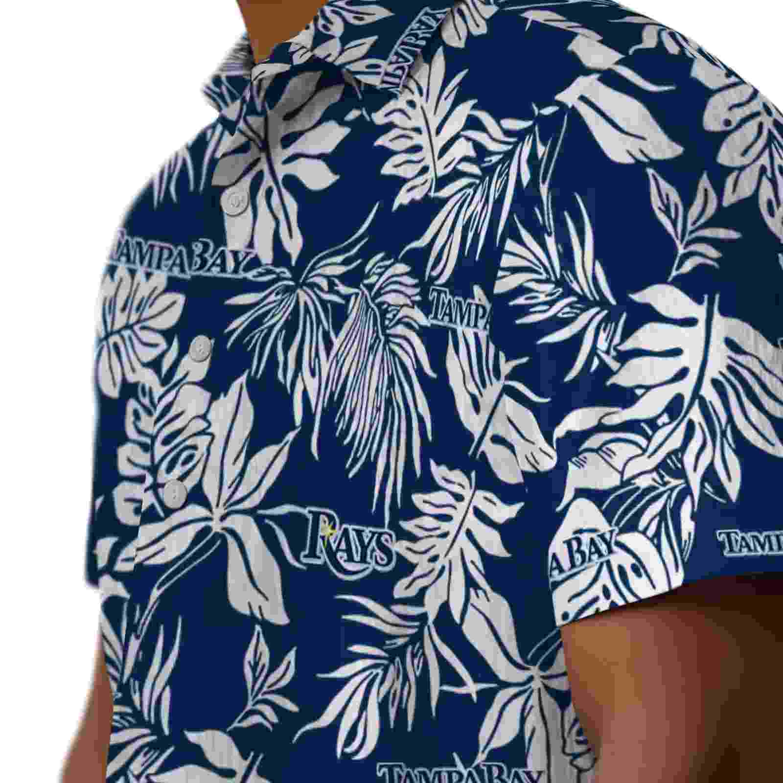 tampa bay rays tropical leaf navy white hawaiian shirt trendy