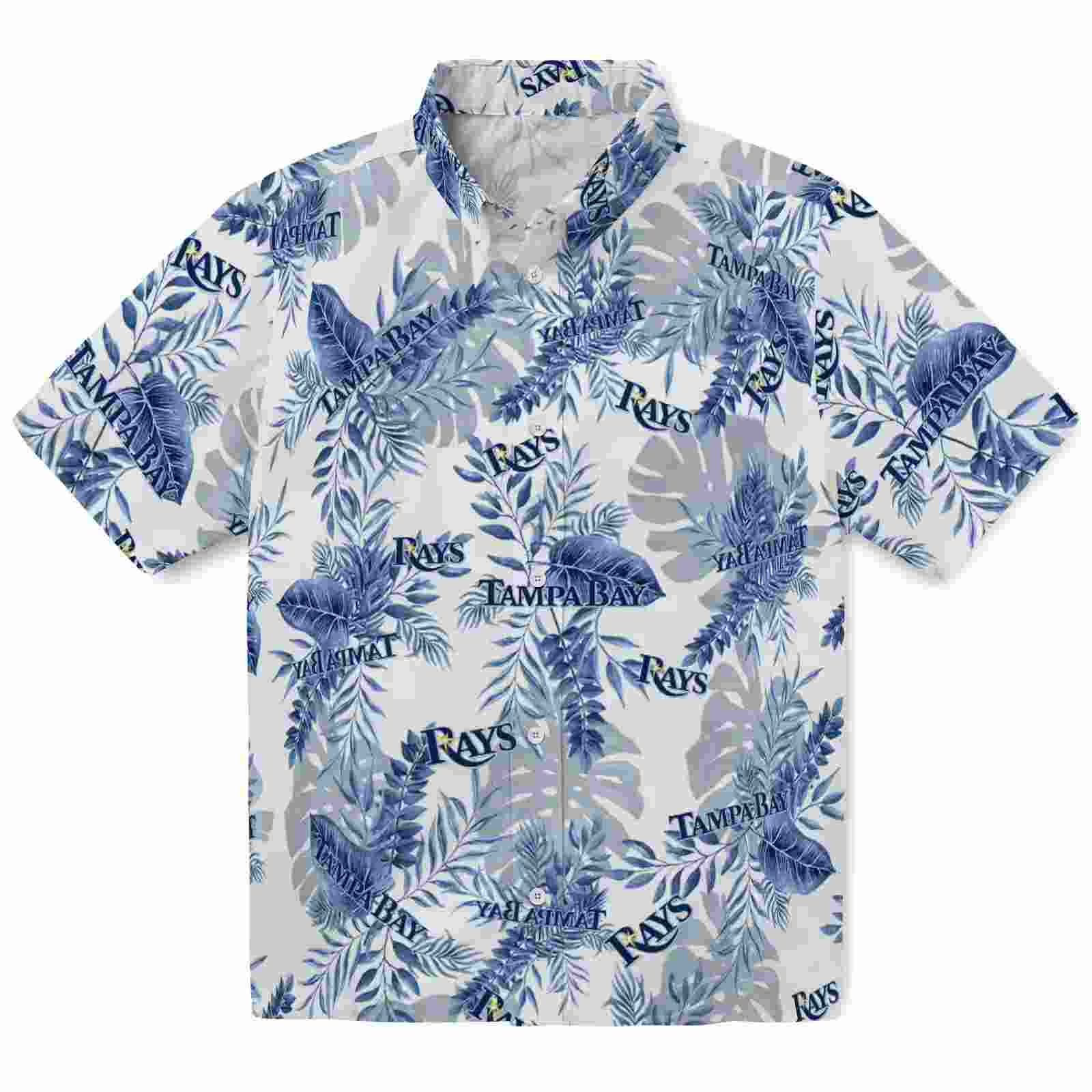 Tampa Bay Rays Tropical Leaves Navy White Hawaiian Shirt