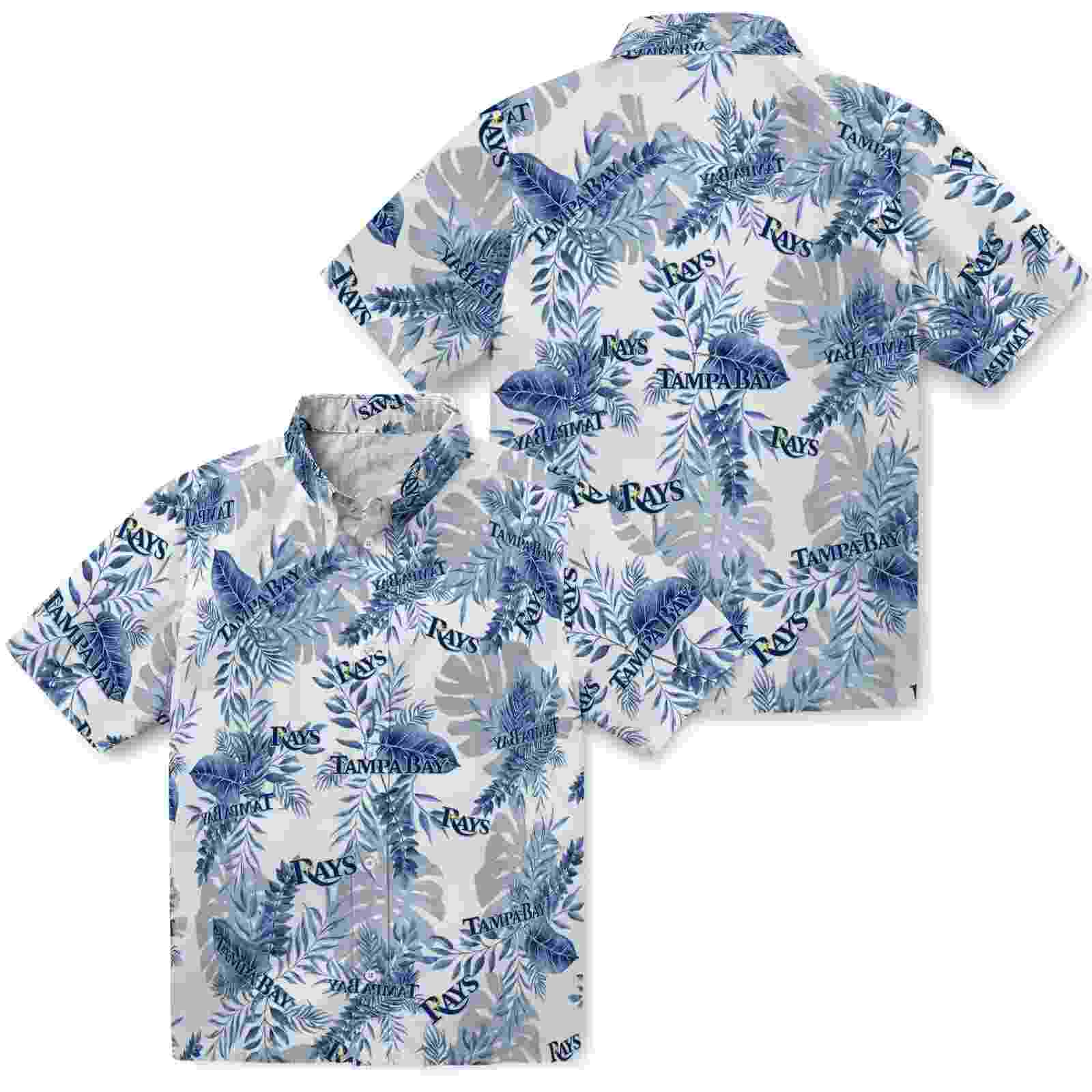 tampa bay rays tropical leaves navy white hawaiian shirt high quality