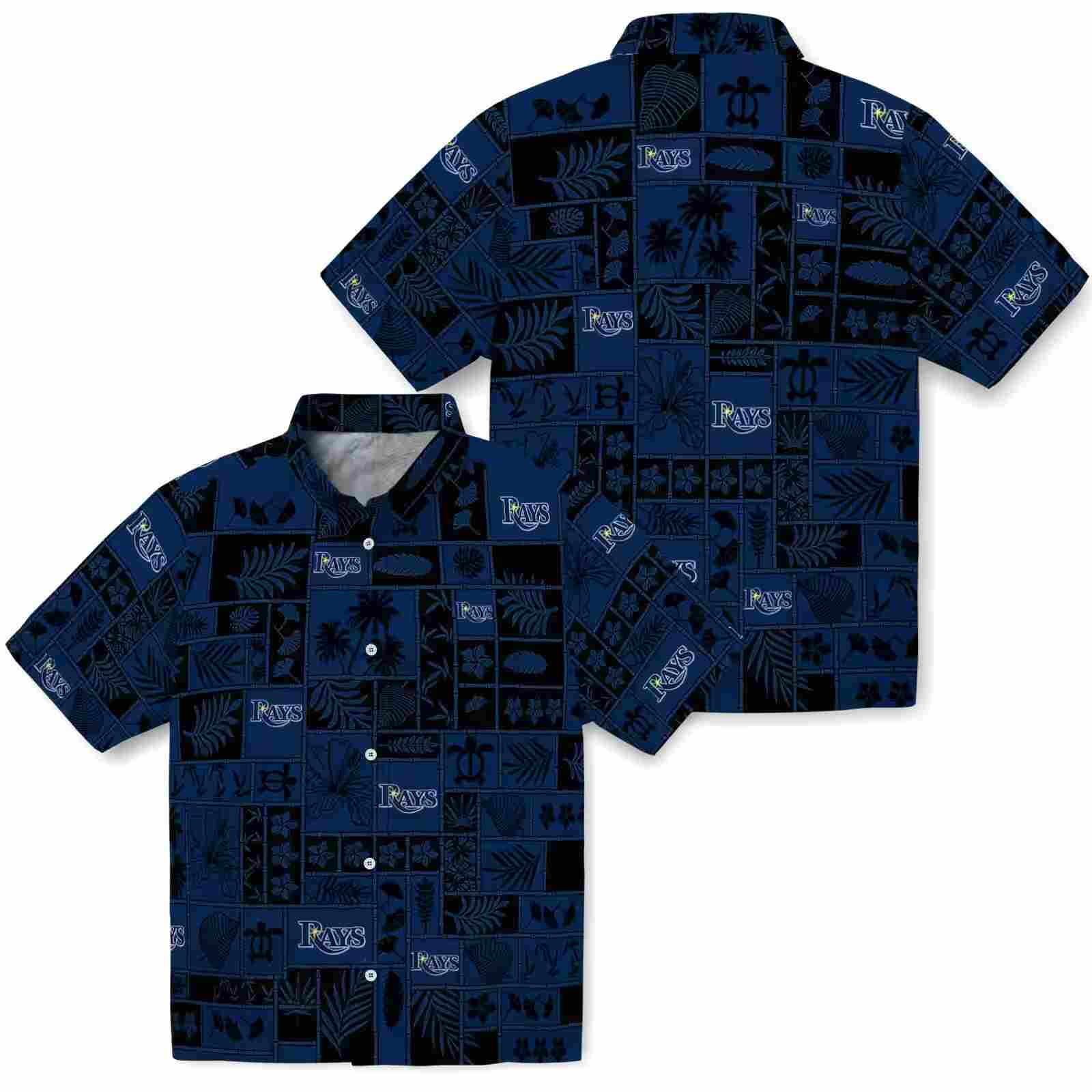 tampa bay rays tropical patchwork navy black hawaiian shirt high quality