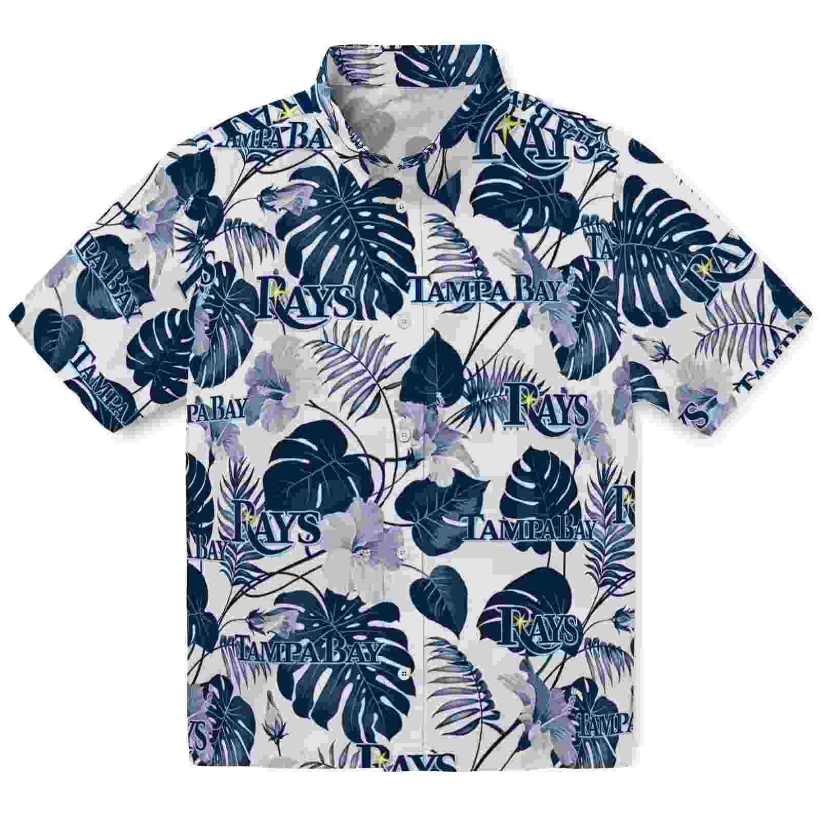 Tampa Bay Rays Tropical Plants Navy White Hawaiian Shirt