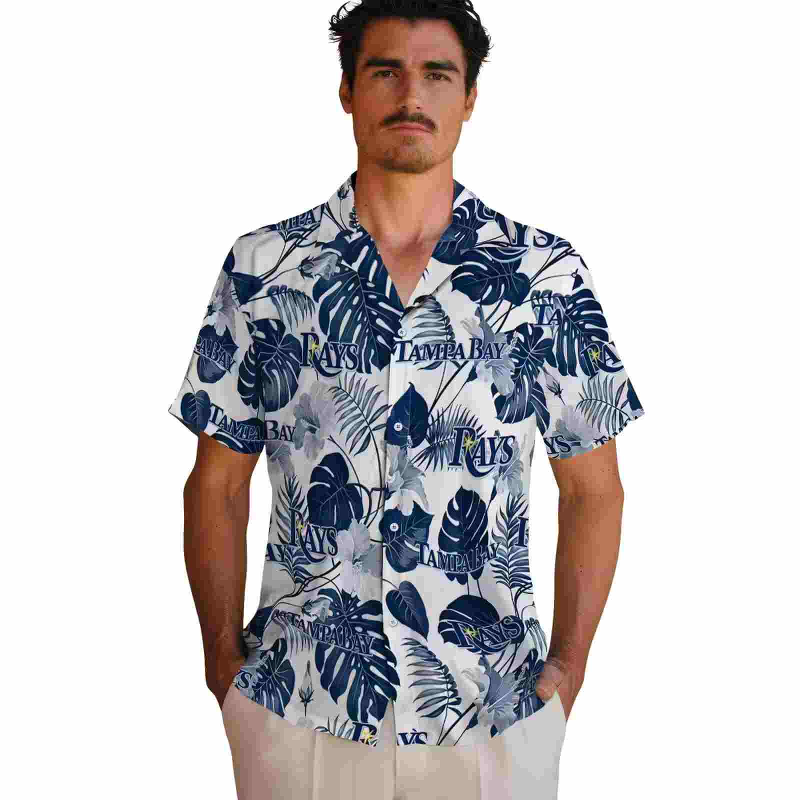 tampa bay rays tropical plants navy white hawaiian shirt fashion forward