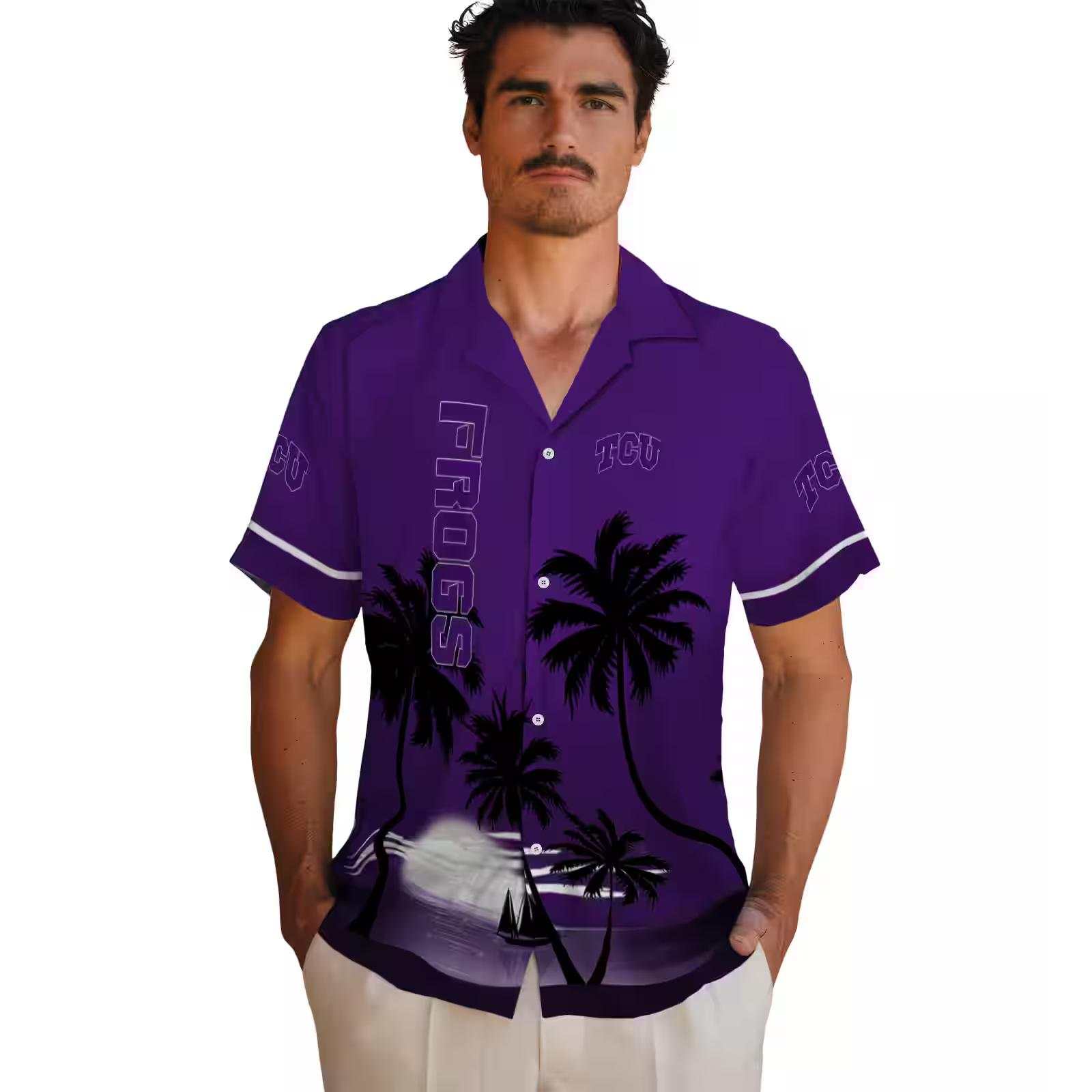 tcu horned frogs beach sunset purple black hawaiian shirt fashion forward