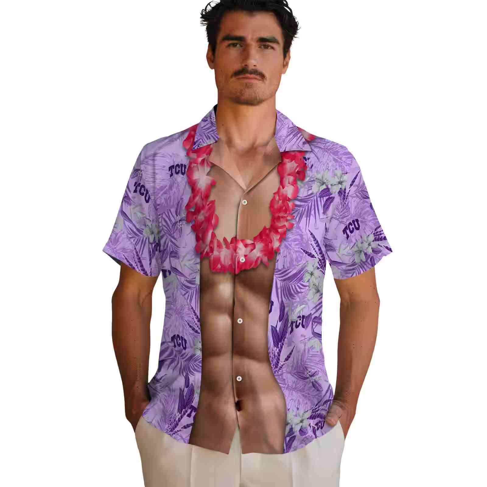 tcu horned frogs chest illusion purple hawaiian shirt fashion forward