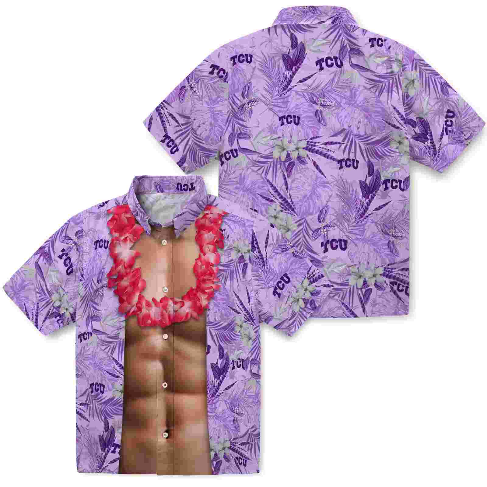 tcu horned frogs chest illusion purple hawaiian shirt high quality