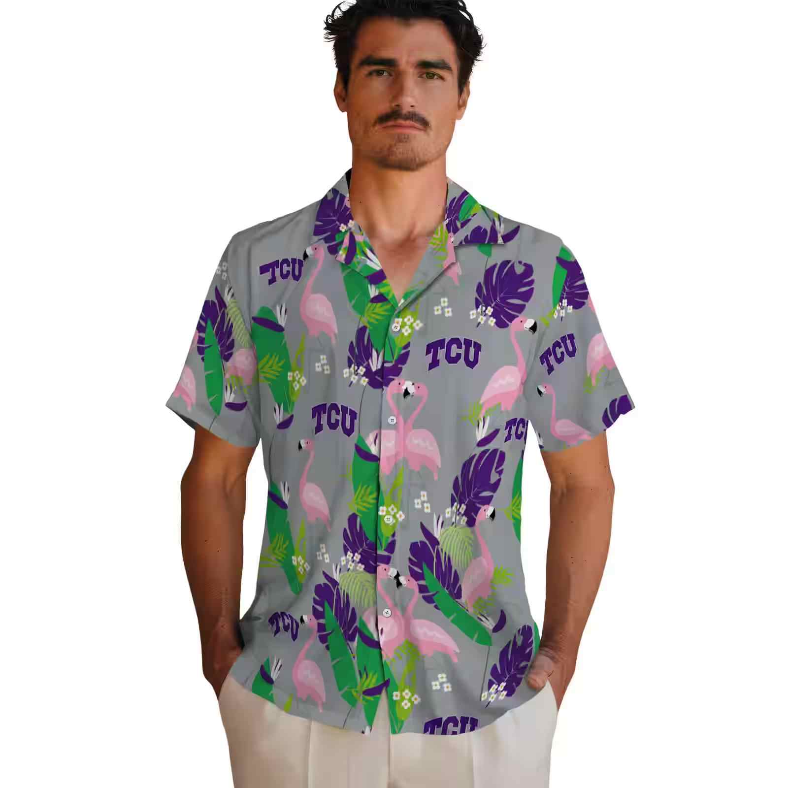 tcu horned frogs flamingo foliage purple green hawaiian shirt fashion forward