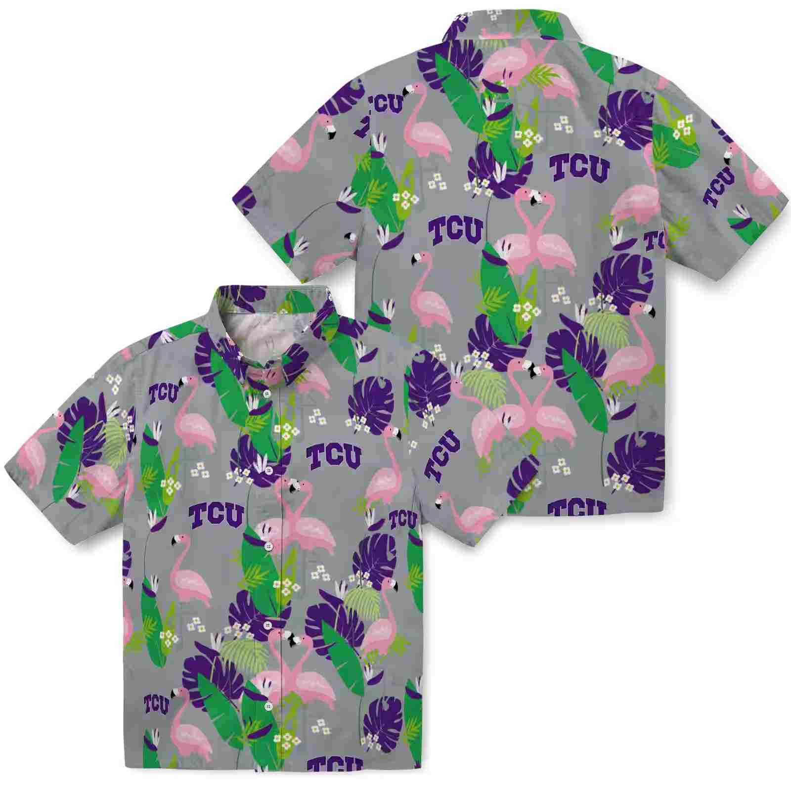 tcu horned frogs flamingo foliage purple green hawaiian shirt high quality