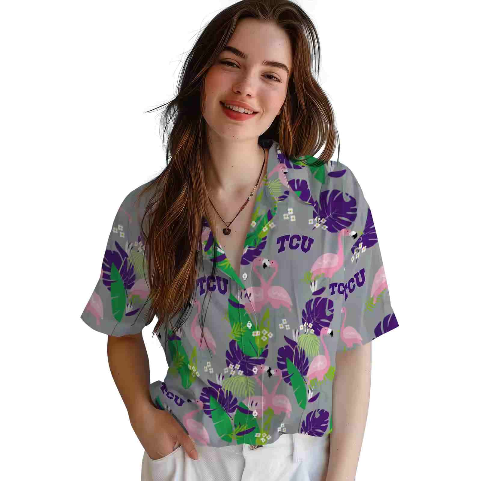 tcu horned frogs flamingo foliage purple green hawaiian shirt latest model