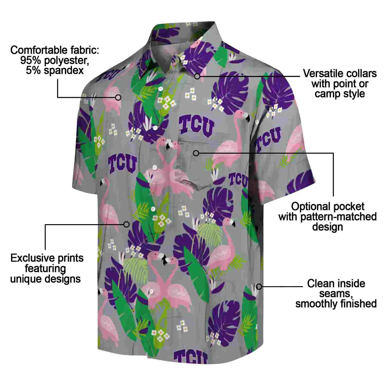 tcu horned frogs flamingo foliage purple green hawaiian shirt new arrival