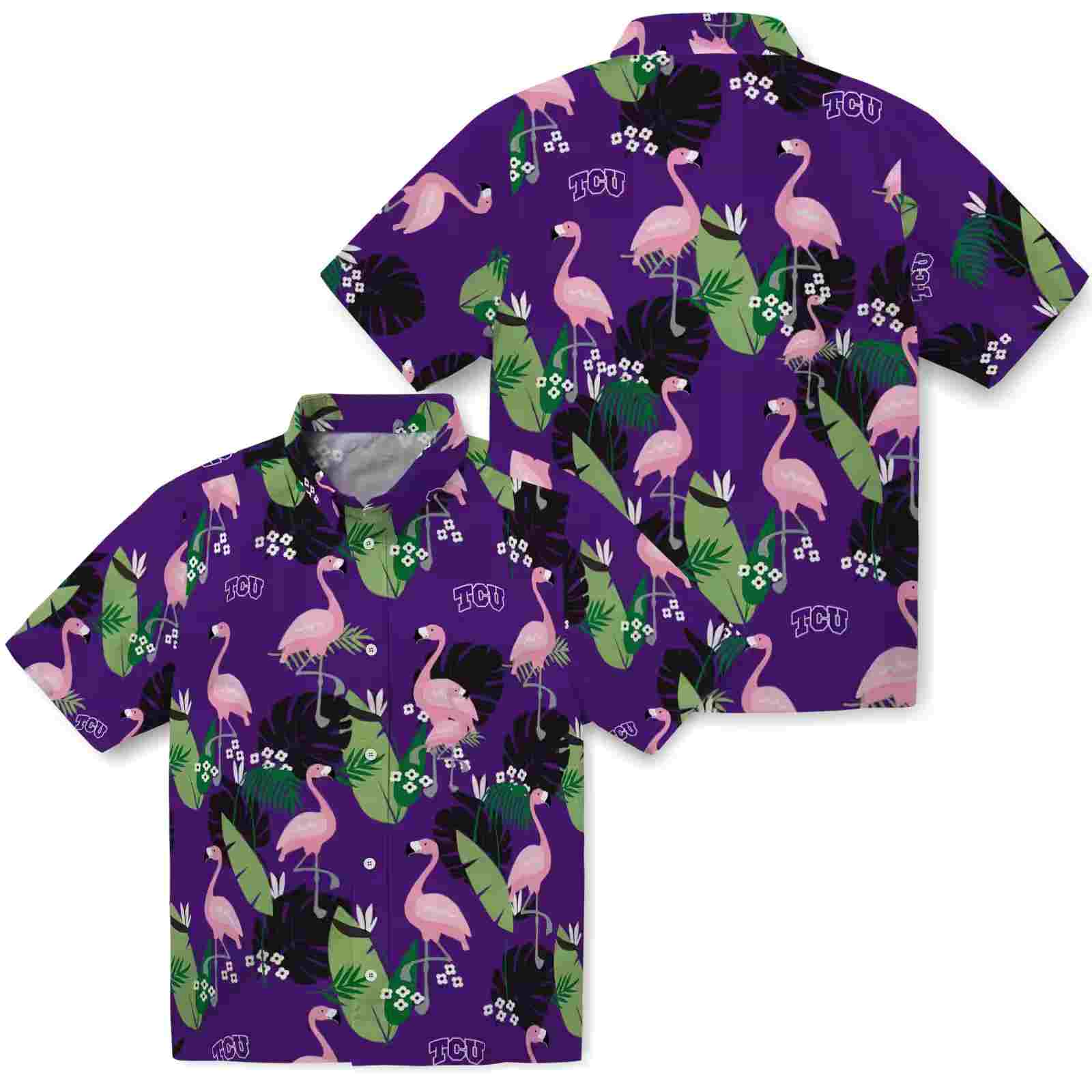 tcu horned frogs flamingo leaf motif purple hawaiian shirt high quality