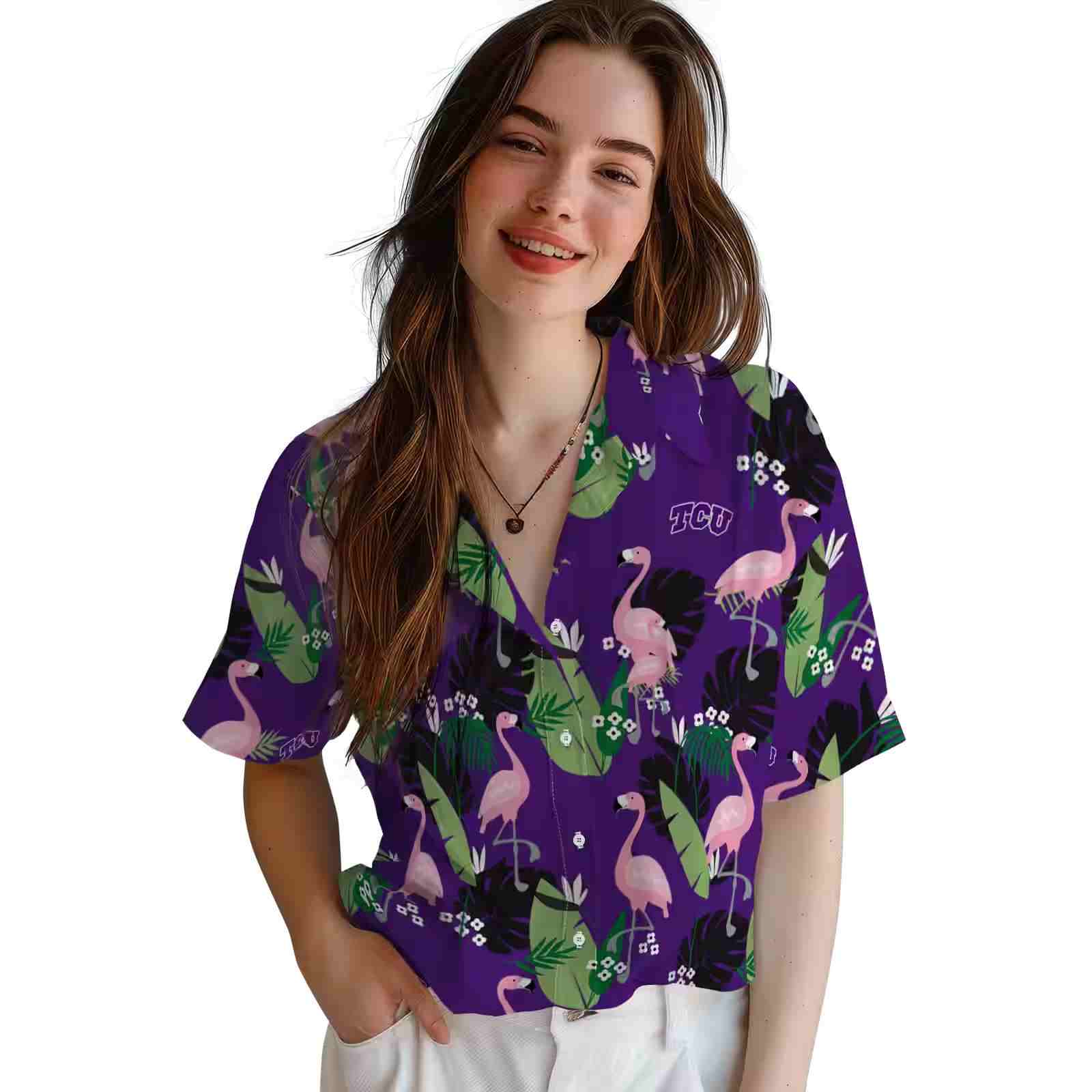 tcu horned frogs flamingo leaf motif purple hawaiian shirt latest model