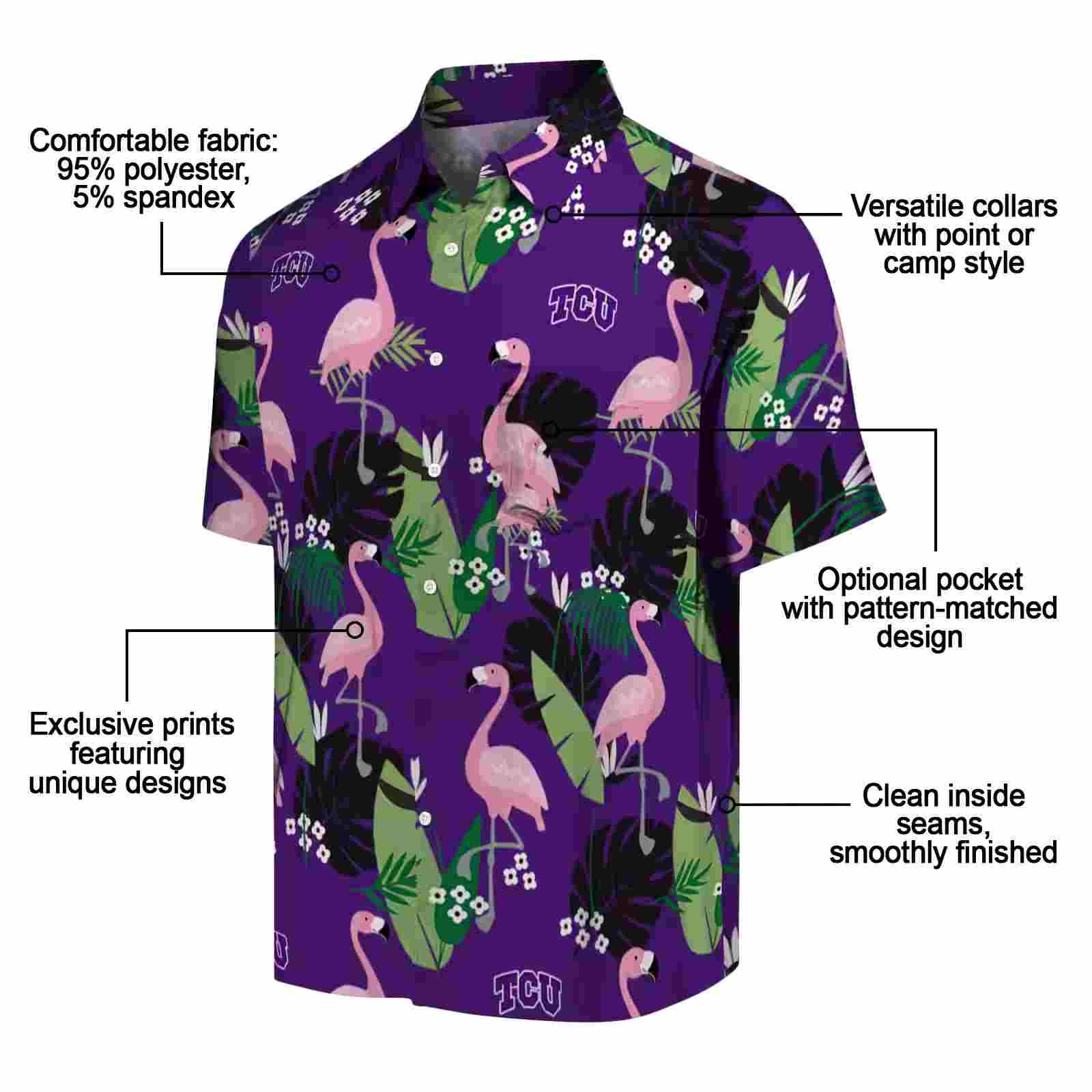 tcu horned frogs flamingo leaf motif purple hawaiian shirt new arrival