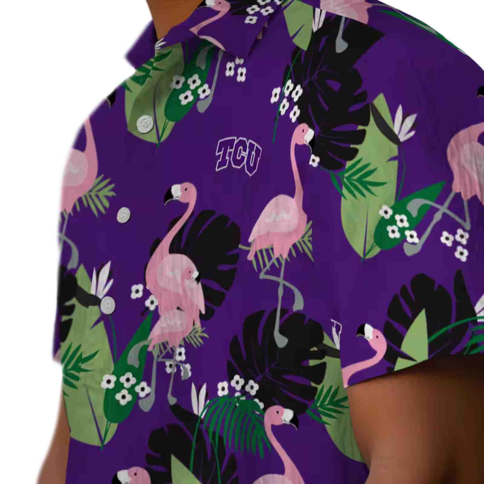 tcu horned frogs flamingo leaf motif purple hawaiian shirt trendy