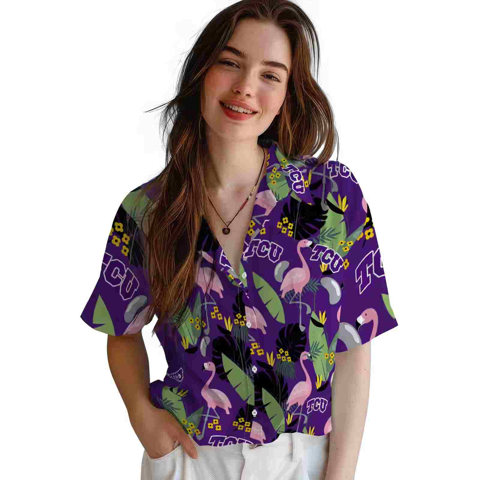 tcu horned frogs flamingo leaves purple hawaiian shirt latest model