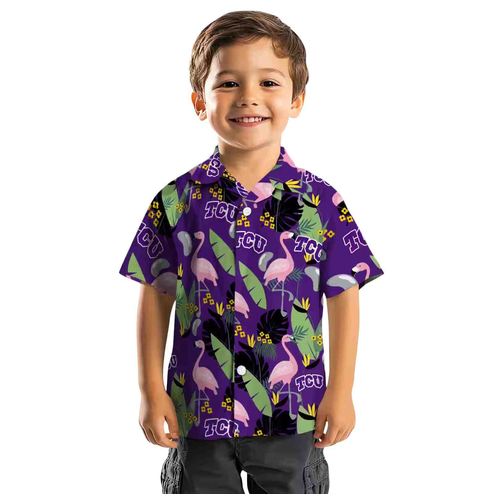 tcu horned frogs flamingo leaves purple hawaiian shirt top rated