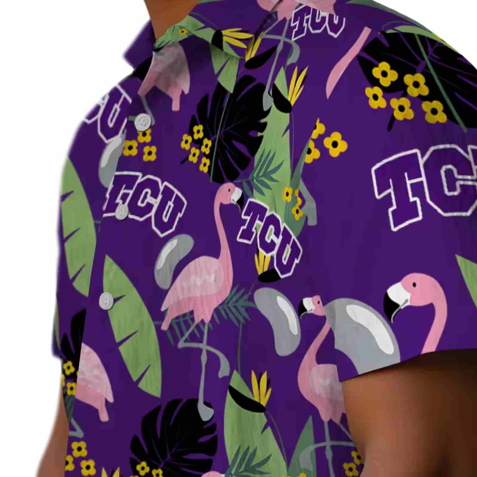 tcu horned frogs flamingo leaves purple hawaiian shirt trendy