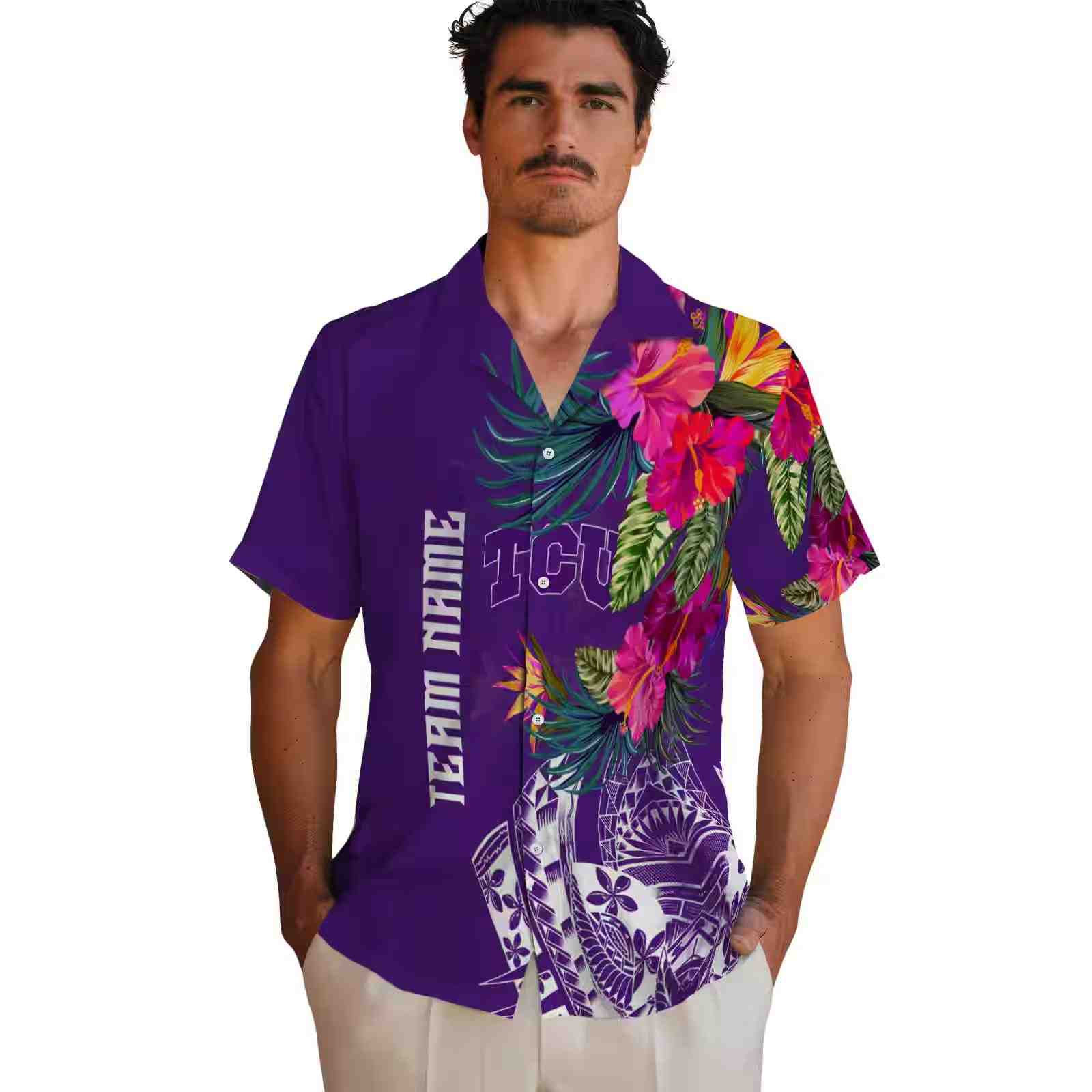 tcu horned frogs floral polynesian purple hawaiian shirt fashion forward