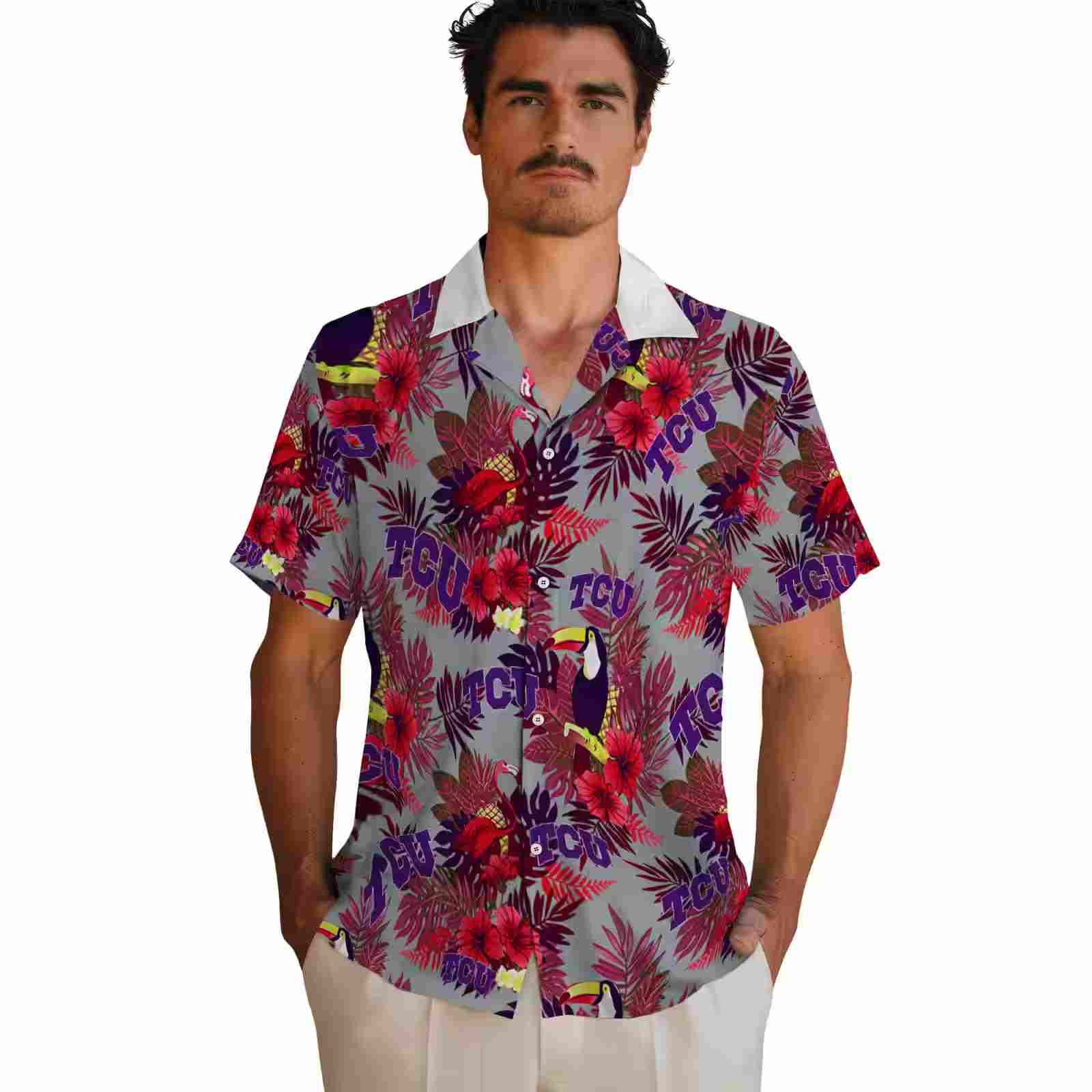 tcu horned frogs floral toucan purple red hawaiian shirt fashion forward