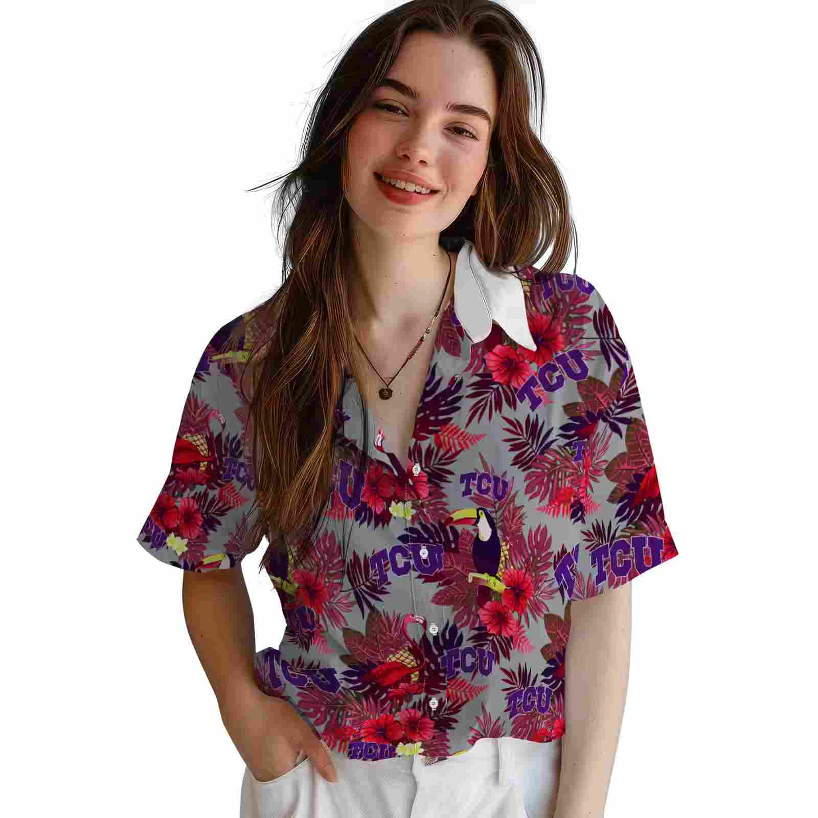 tcu horned frogs floral toucan purple red hawaiian shirt latest model