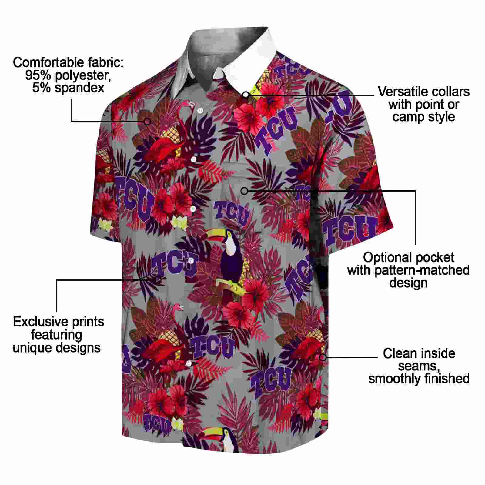 tcu horned frogs floral toucan purple red hawaiian shirt new arrival